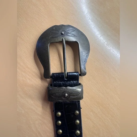 Y2K Studded Leather Western Concho Belt Amber Rhinestones Croc Embossed - Picture 5 of 9